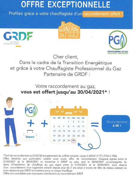 Raccordement Gaz OFFERT ! pendant La Quinzaine du Gaz  jusqu'au 30 Avril 2021